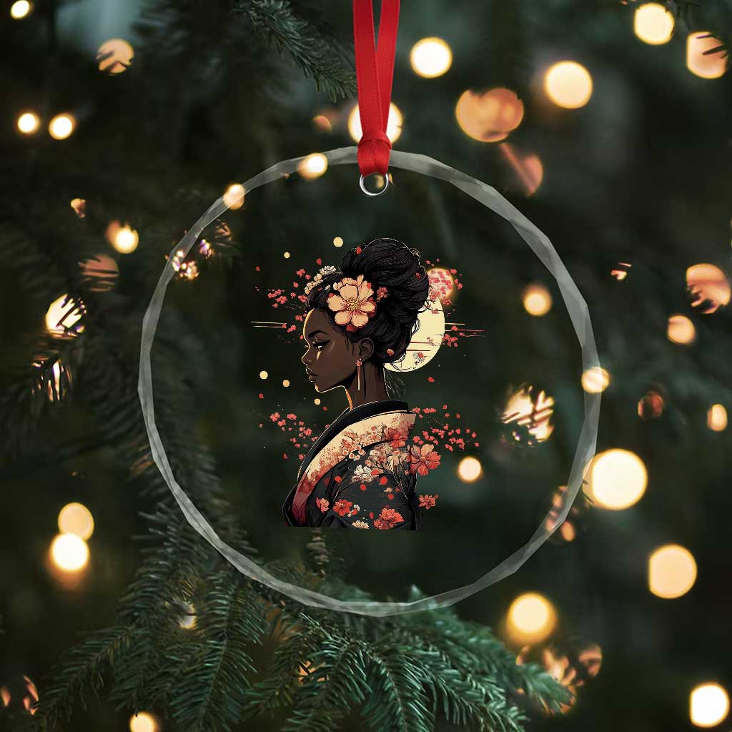 African American Geisha Kimono Blasian Japanese Sakura Crystal Glass Ornament