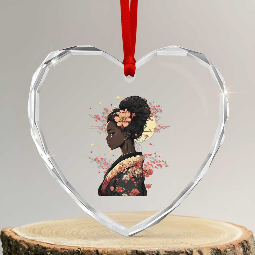 African American Geisha Kimono Blasian Japanese Sakura Heart Crystal Glass Ornament