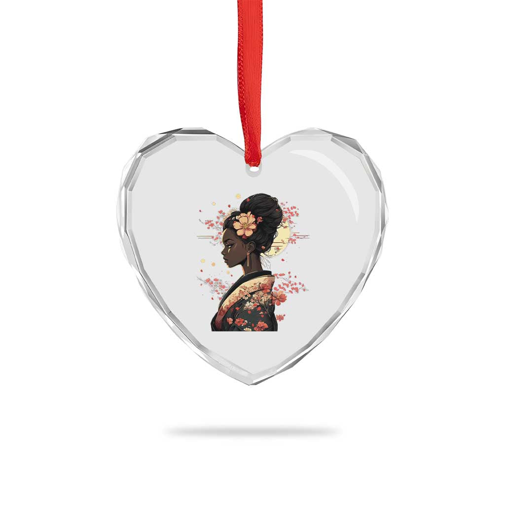 African American Geisha Kimono Blasian Japanese Sakura Heart Crystal Glass Ornament