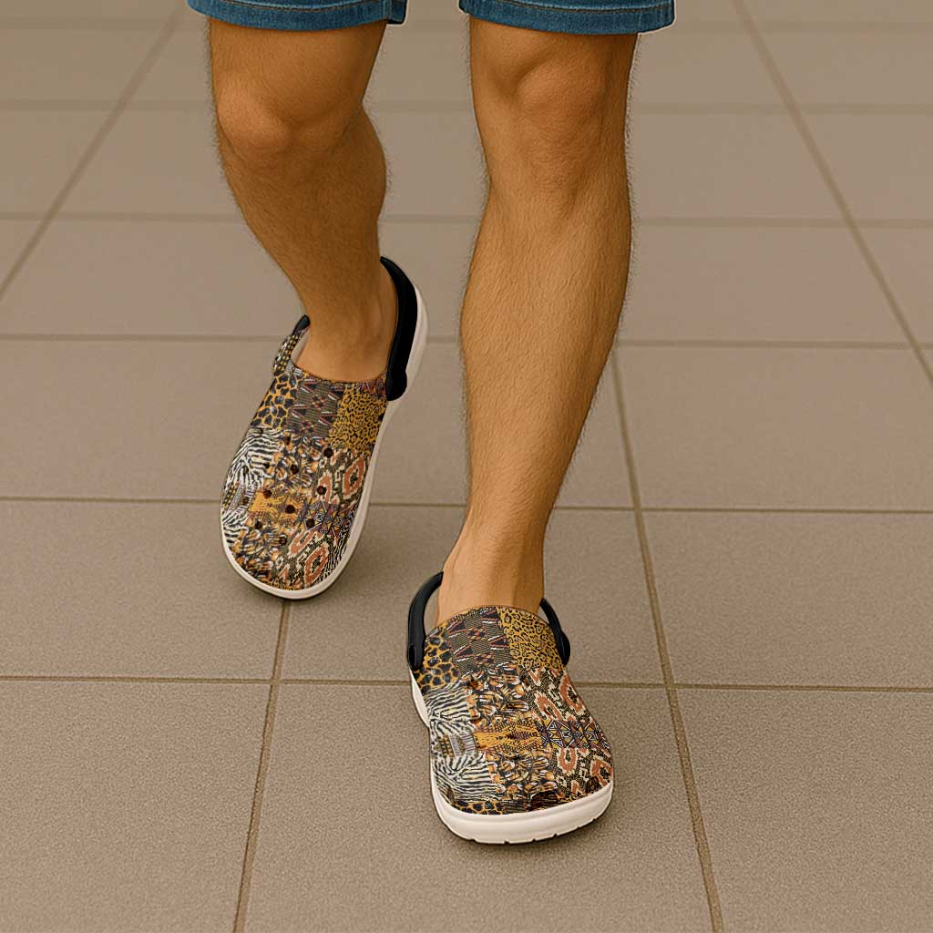 African Tribal Pattern With Wild Animal Skins Clogs Shoes - Wonder Print Shop