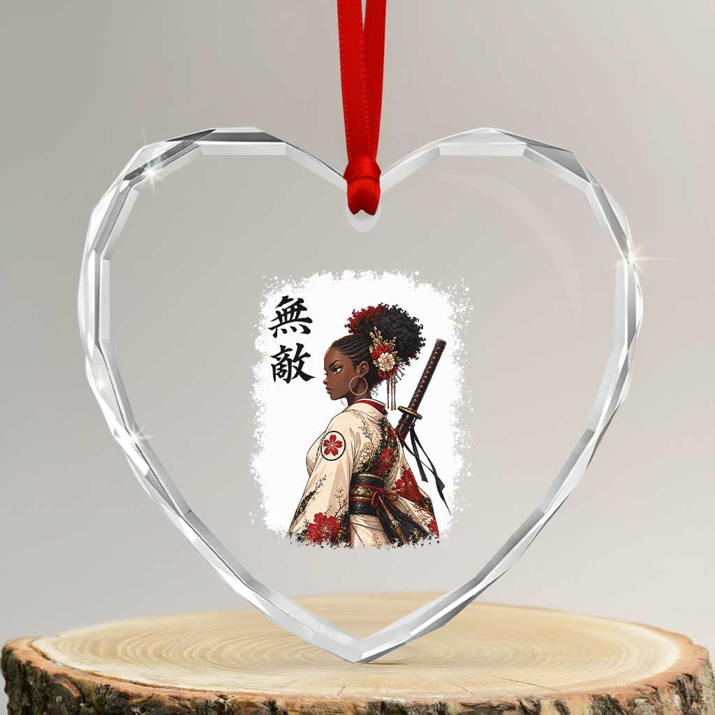 Afro African Pride Samurai Black Girl Heart Crystal Glass Ornament Vintage Japanese Sumie Katana Graphic