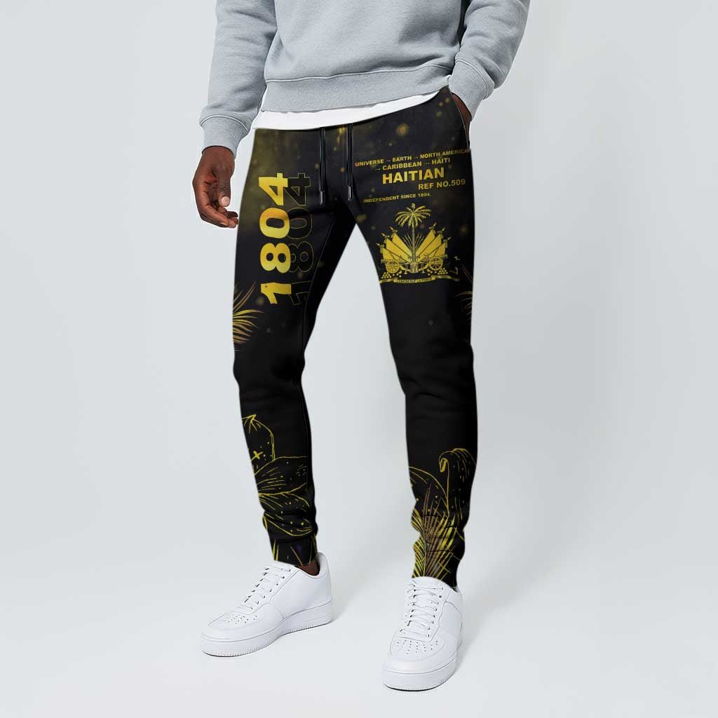 Afro Haiti 1804 Jogger Pants Gold Tropical Leaves And Coat Of Arms - Wonder Print Shop