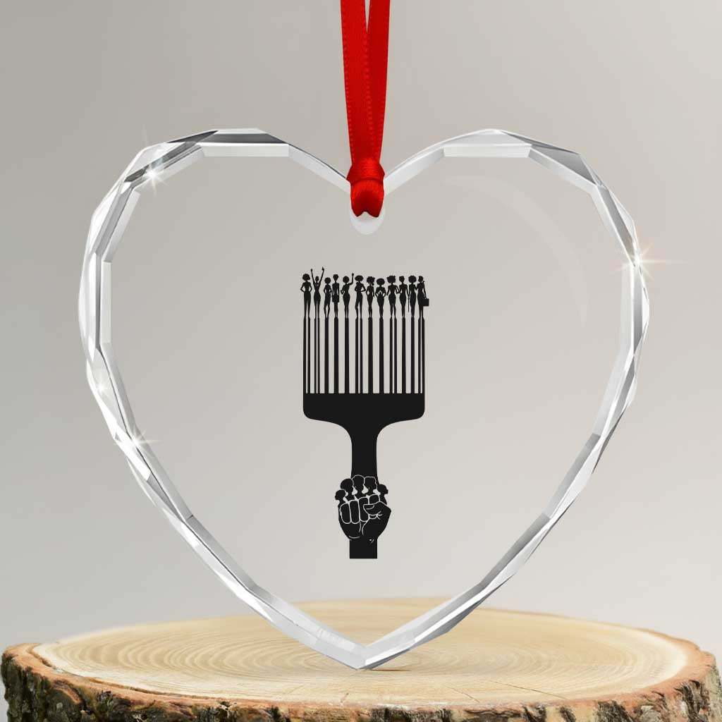 Afro Pick Comb Strong Black Power Fist Heart Crystal Glass Ornament