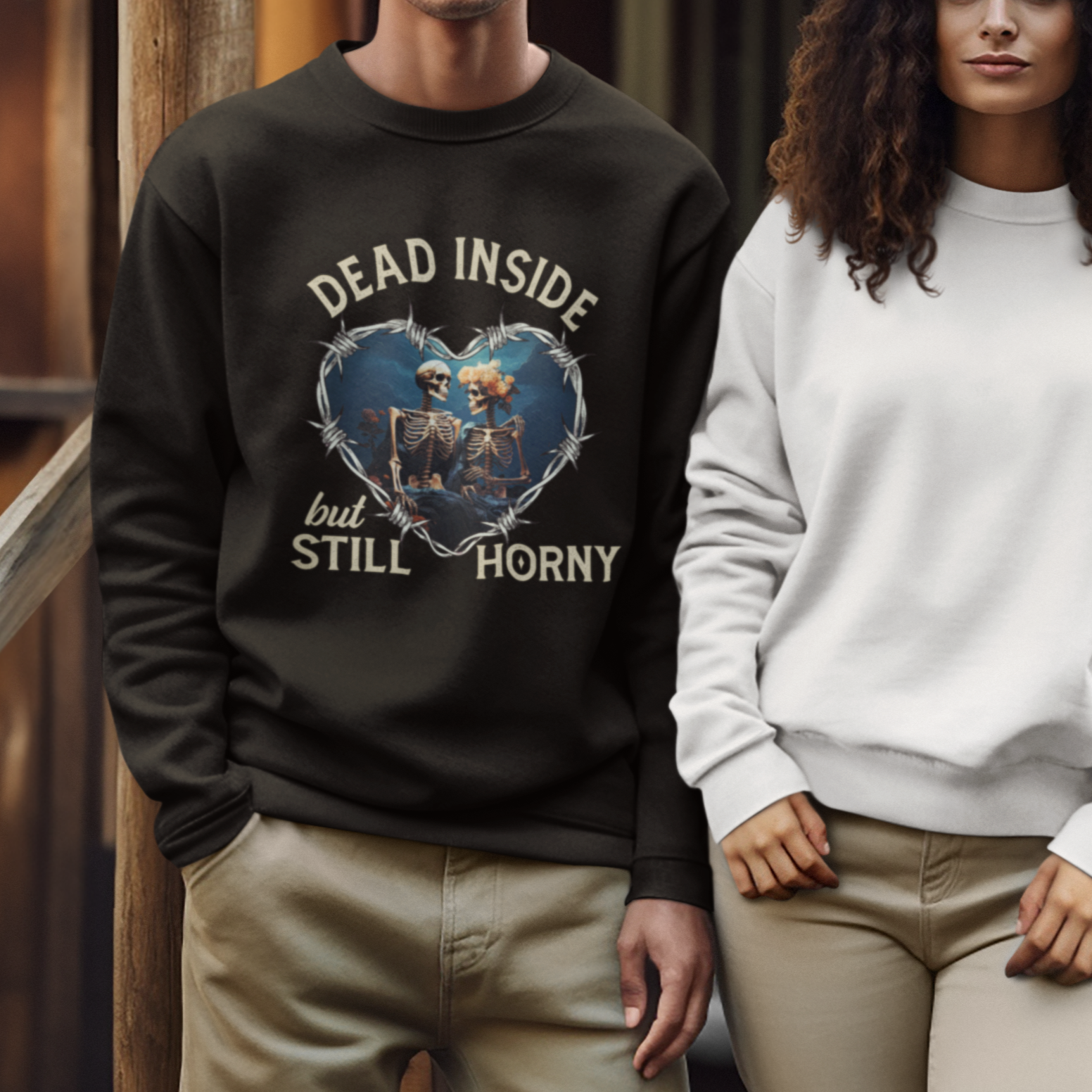 Dead Inside But Still Horny Skeleton Couple Valentine's Day Sweatshirt - Wonder Print Shop