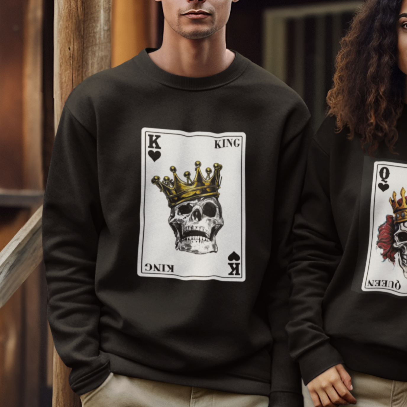 Poker Sweatshirt Couple Matching - 1/2 Card King Skull - Wonder Print Shop