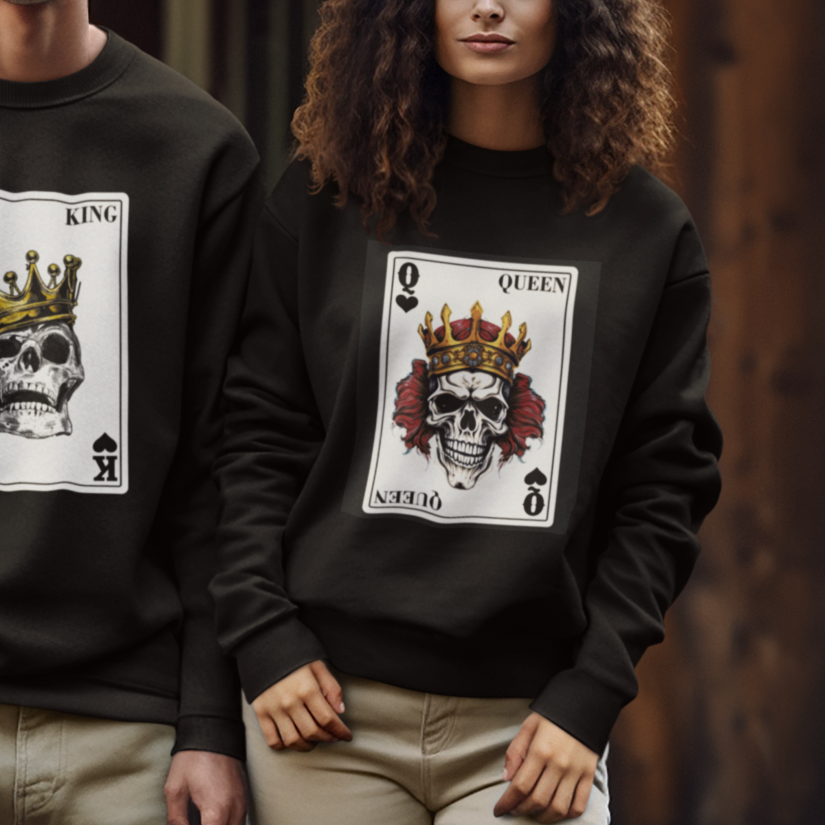 Poker Sweatshirt Couple Matching - 2/2 Card Queen Skull - Wonder Print Shop