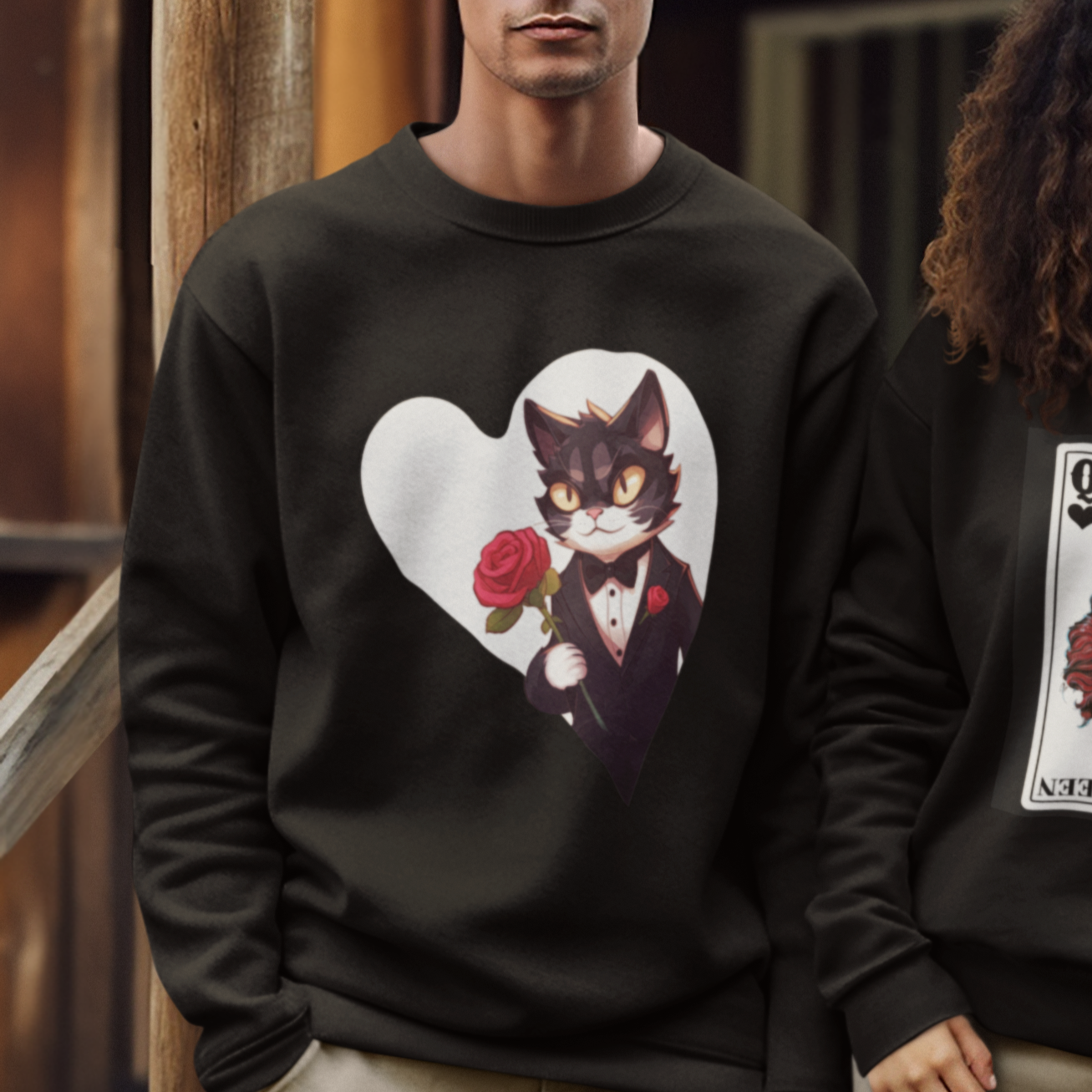 Valentine's Day Sweatshirt Tuxedo Cat Valentine Heart for Kitten and Animal Lovers - Wonder Print Shop
