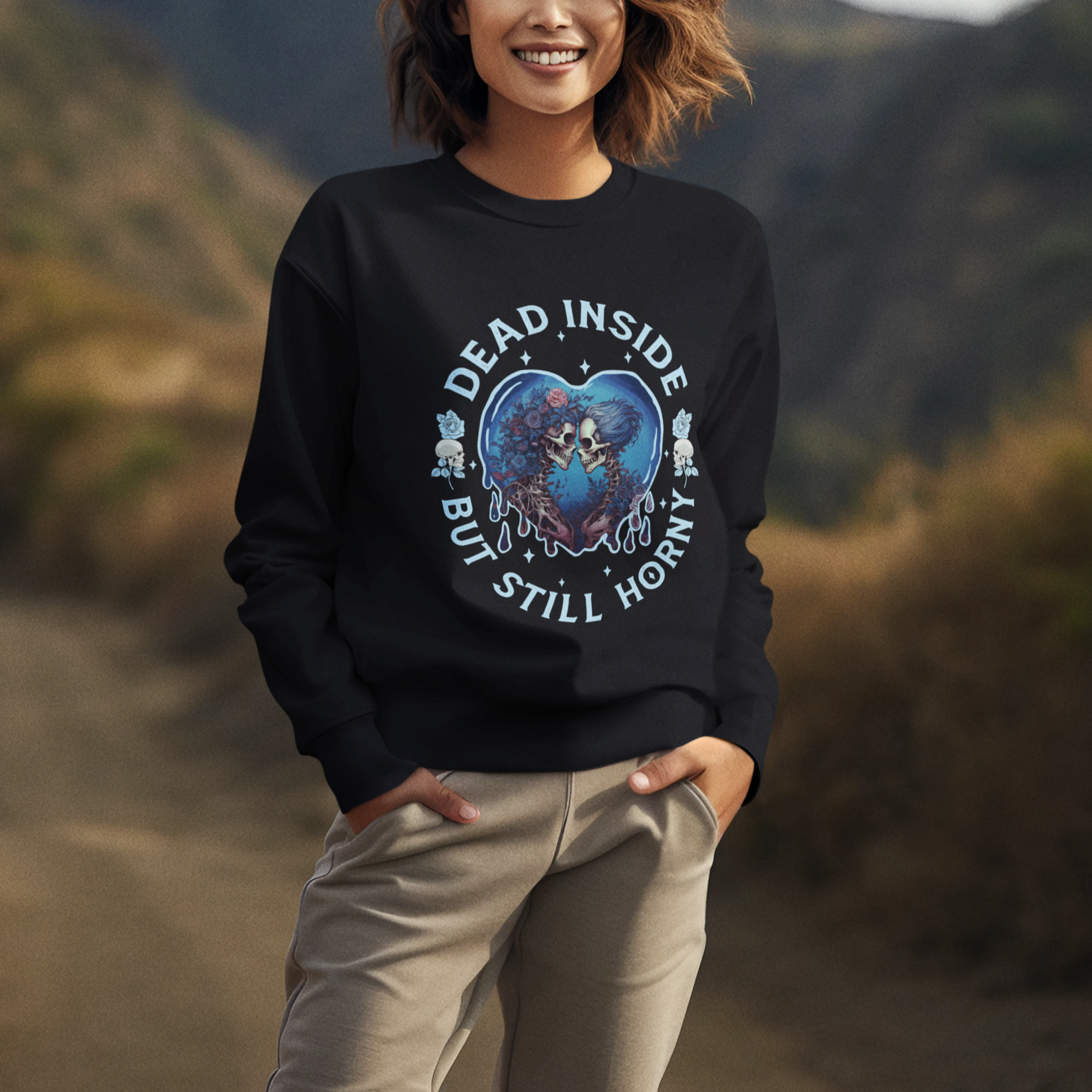 Lesbian Skeleton Couple Valentine's Day Sweatshirt Dead Inside But Still Horny - Wonder Print Shop