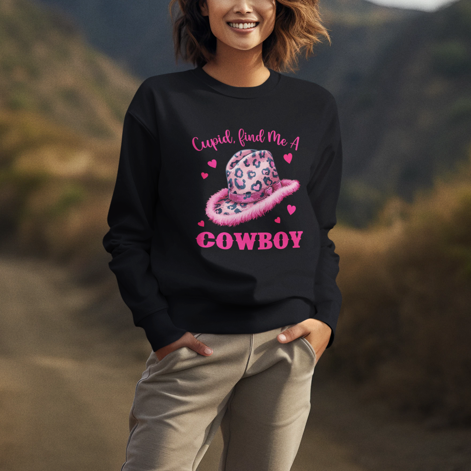 Valentine's Day Sweatshirt Cupid Find Me A Cowboy Western Heart Leopard Hat - Wonder Print Shop