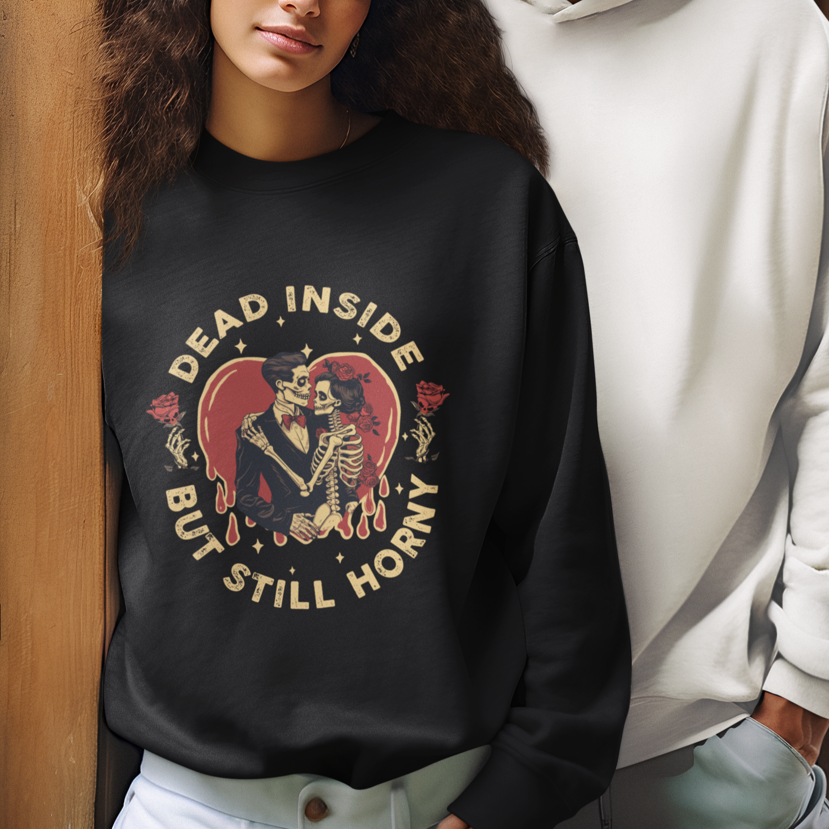 Dead Inside But Still Horny Vintage Skeleton Couple Valentine's Day Sweatshirt - Wonder Print Shop