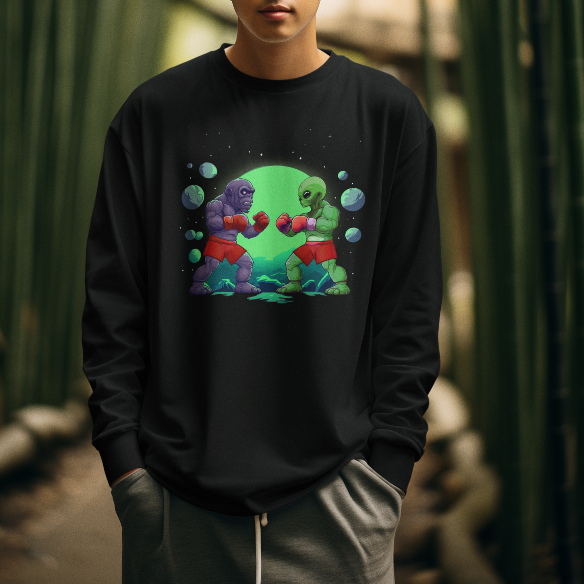 Bigfoot VS Alien Boxing Funny Sasquatch UFO Sweatshirt - Wonder Print Shop