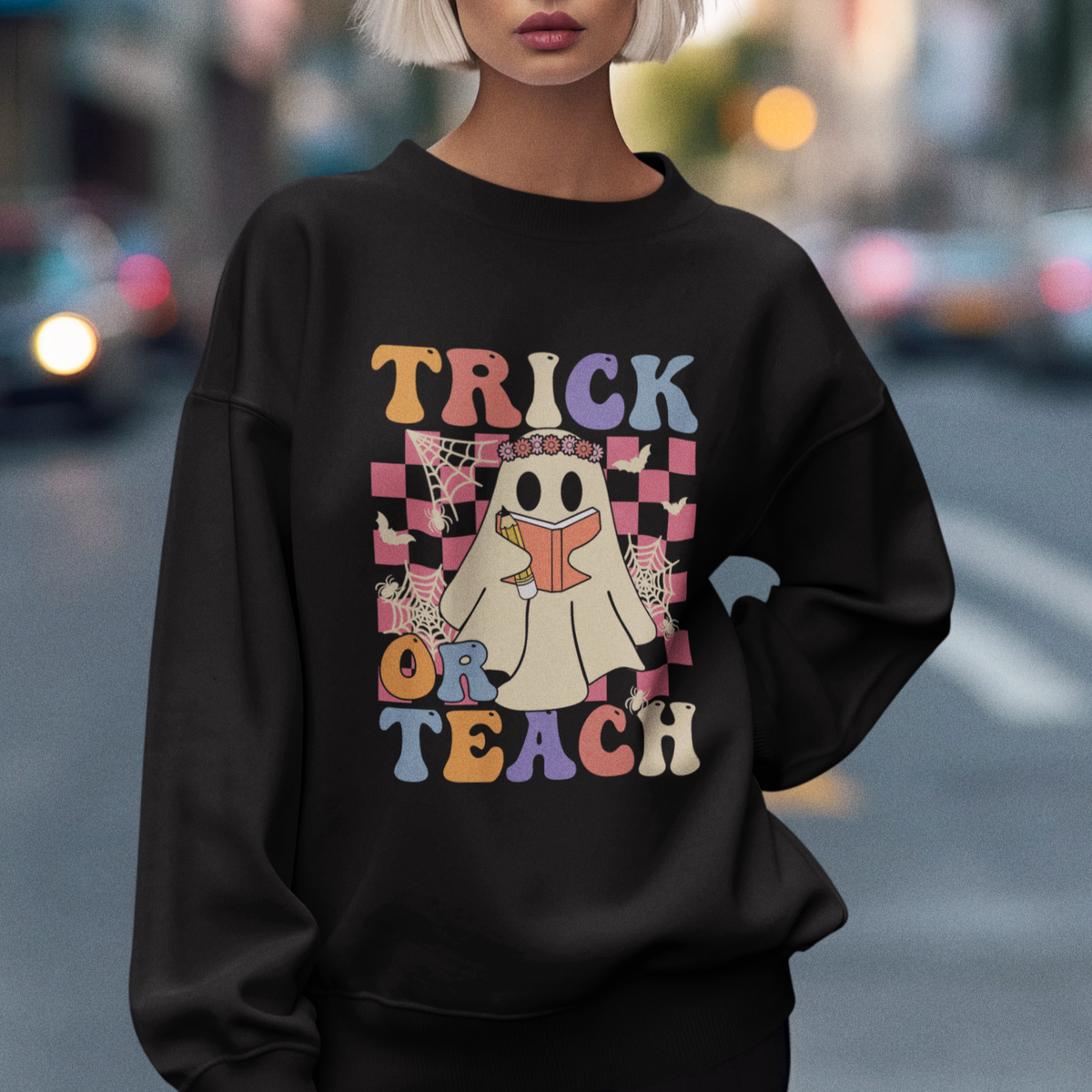 Halloween Teacher Sweatshirt Trick or Teach Retro Floral Ghost Funny Halloween Teacher - Wonder Print Shop