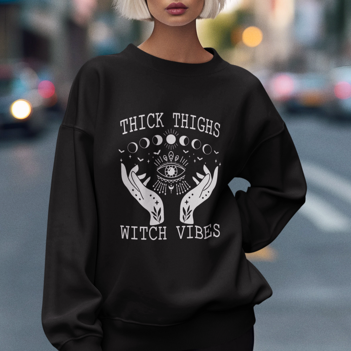 Thick Thighs Witch Vibes Celestial Witchcraft Moon Phases Sweatshirt - Wonder Print Shop