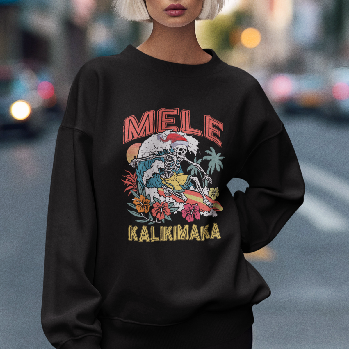 Mele Kalikimaka Hawaiian Christmas Tropical Xmas Surfing Skeleton Sweatshirt - Wonder Print Shop