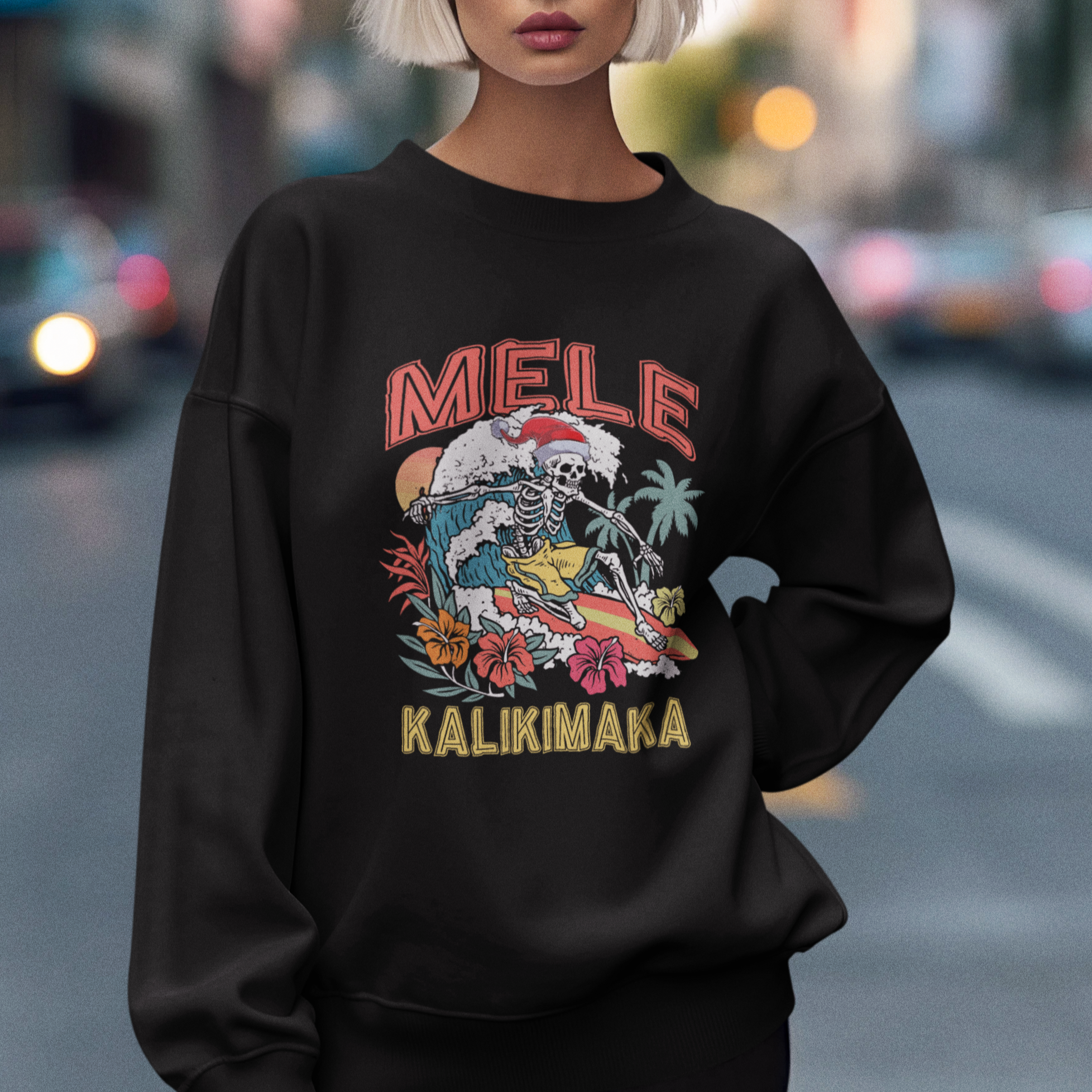 Mele Kalikimaka Hawaiian Christmas Tropical Xmas Surfing Skeleton Sweatshirt - Wonder Print Shop