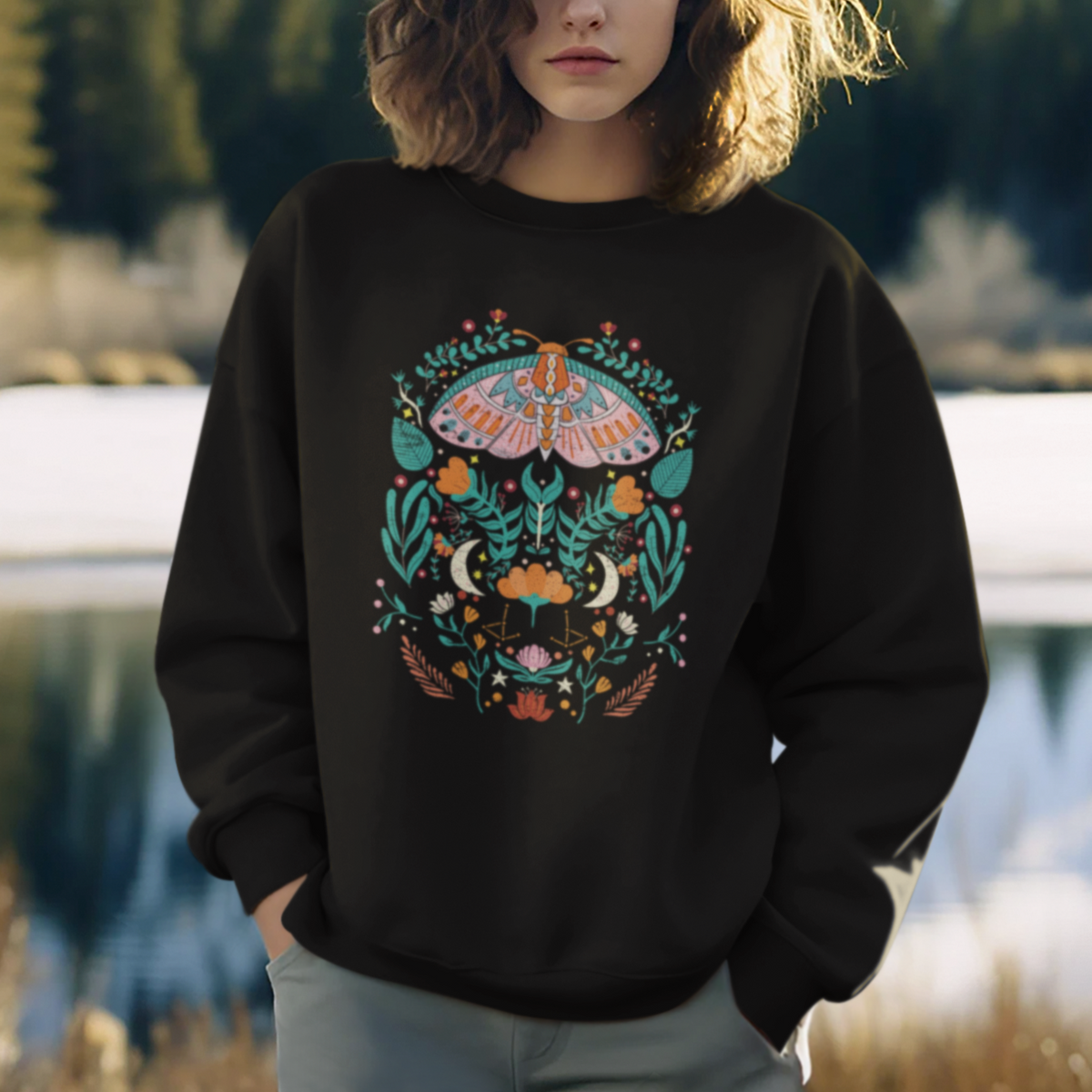 Moth Sweatshirt Retro Boho Floral Celestial Moth Scandinavian Botanical Nature Cecropia Moth Cottagecore Night Butterfly Astrology Shirt for Women, Moth T-shirt, Spirituality Shirt - Wonder Print Shop