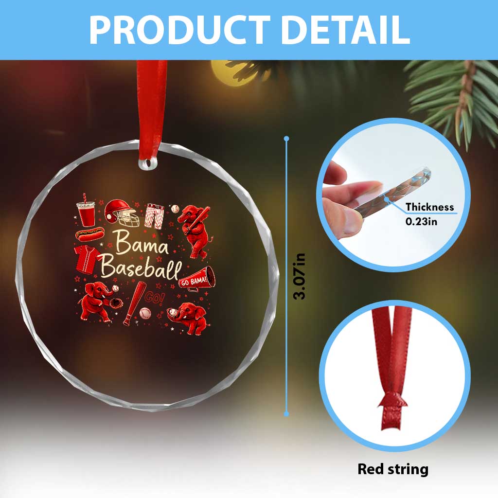 Alabama Baseball Crystal Glass Ornament Cute Trendy Bama Fan Game Day Doodle