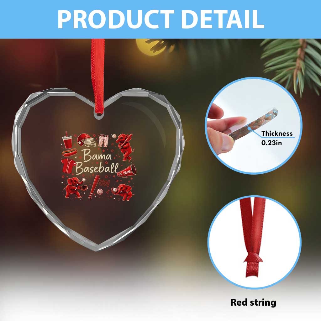 Alabama Baseball Heart Crystal Glass Ornament Cute Trendy Bama Fan Game Day Doodle