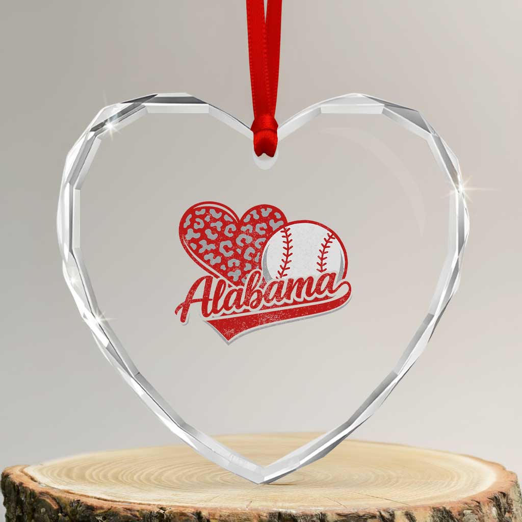 Alabama Fan Heart Crystal Glass Ornament AL Baseball Heart Graphic Sports Style 80s 90s