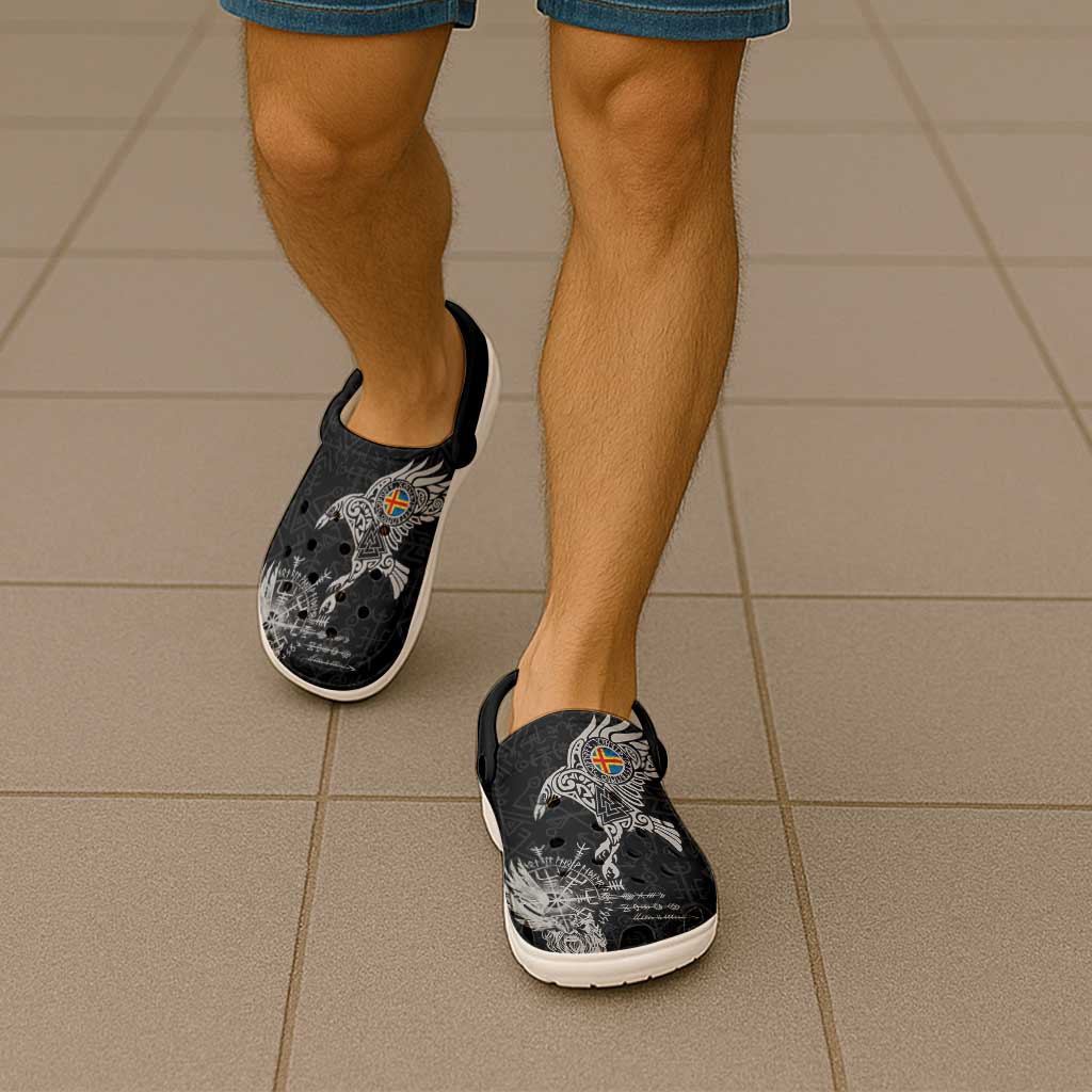 Aland Viking Ravens Clogs Shoes Vegvisir Runes Pattern - Wonder Print Shop