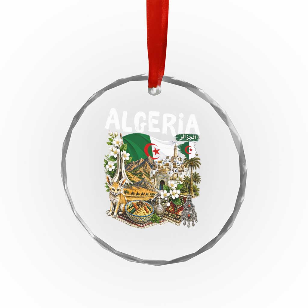 Algeria Algerian Culture and Landmarks Collage Graphic Crystal Glass Ornament Proud Fennec Fox Heritage and Arabic Calligraphy
