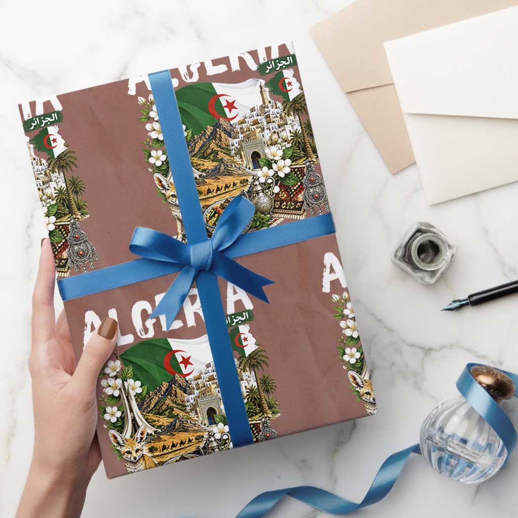 Algeria Algerian Culture and Landmarks Collage Graphic Wrapping Paper Roll Proud Fennec Fox Heritage and Arabic Calligraphy