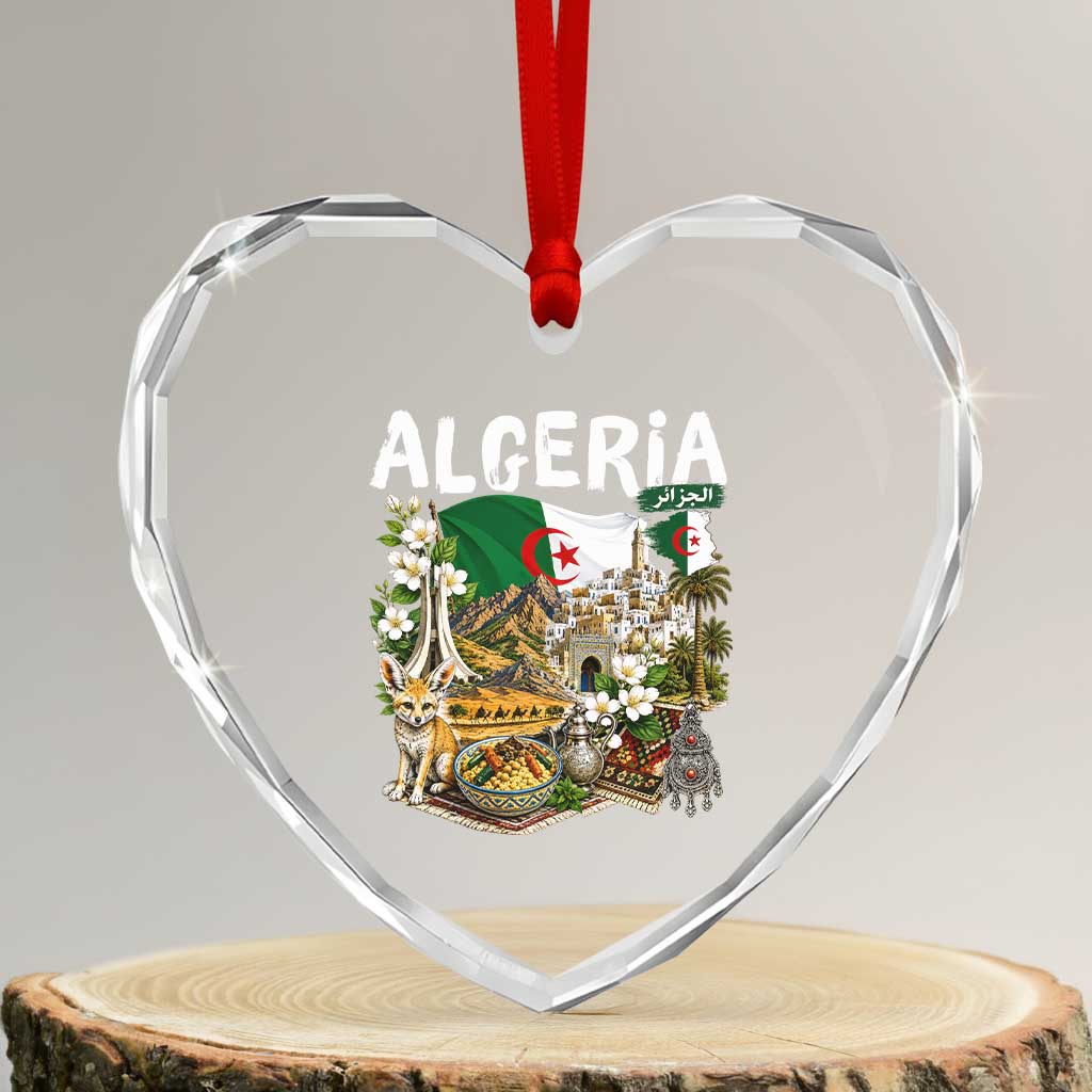 Algeria Algerian Culture and Landmarks Collage Graphic Heart Crystal Glass Ornament Proud Fennec Fox Heritage and Arabic Calligraphy