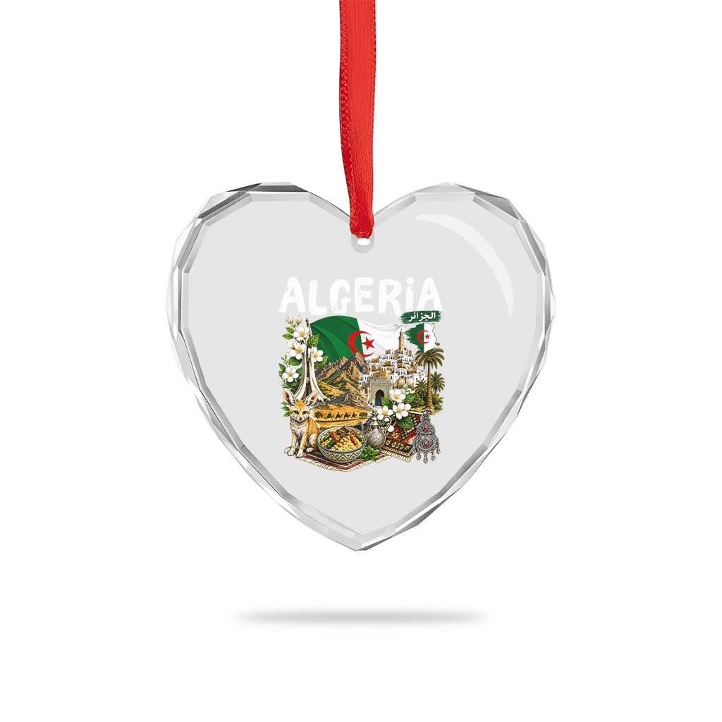 Algeria Algerian Culture and Landmarks Collage Graphic Heart Crystal Glass Ornament Proud Fennec Fox Heritage and Arabic Calligraphy
