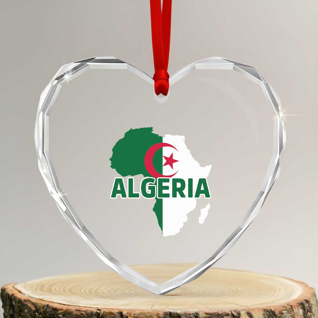 Algeria Algerian Pride Map of Africa Heritage Graphic Heart Crystal Glass Ornament Patriotic North African Roots National Flag
