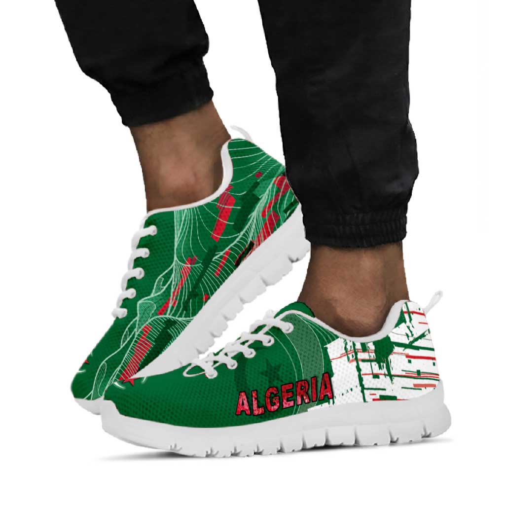 Algeria Football Sneakers Glitch Effect Desert Lines And Star Crescent