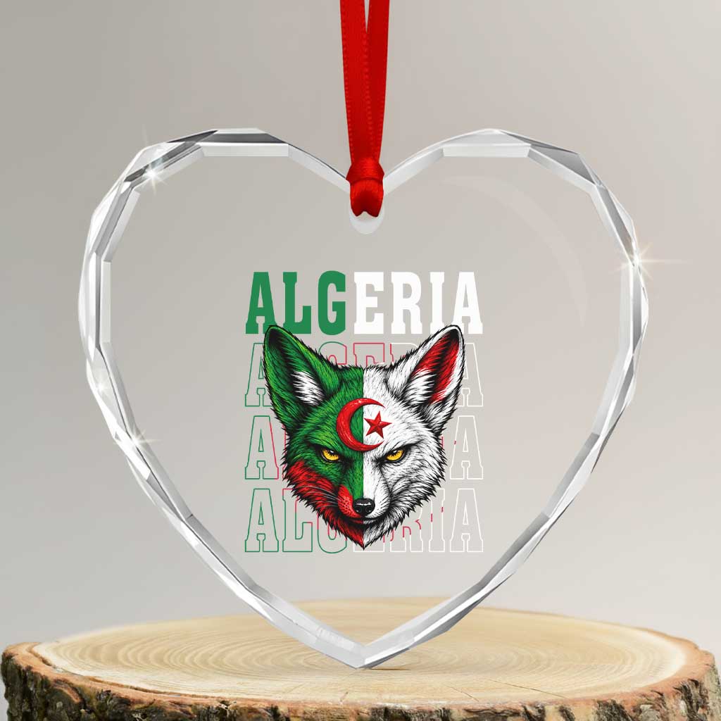 Algerian Fennec Fox Face Algeria National Flag Graphic Heart Crystal Glass Ornament Proud North African Desert Animal