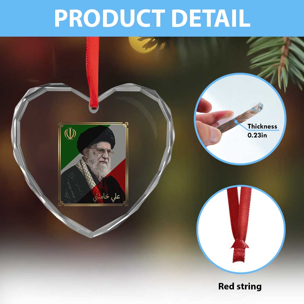 Ali Khamenei Memorial Tribute Portrait Heart Crystal Glass Ornament