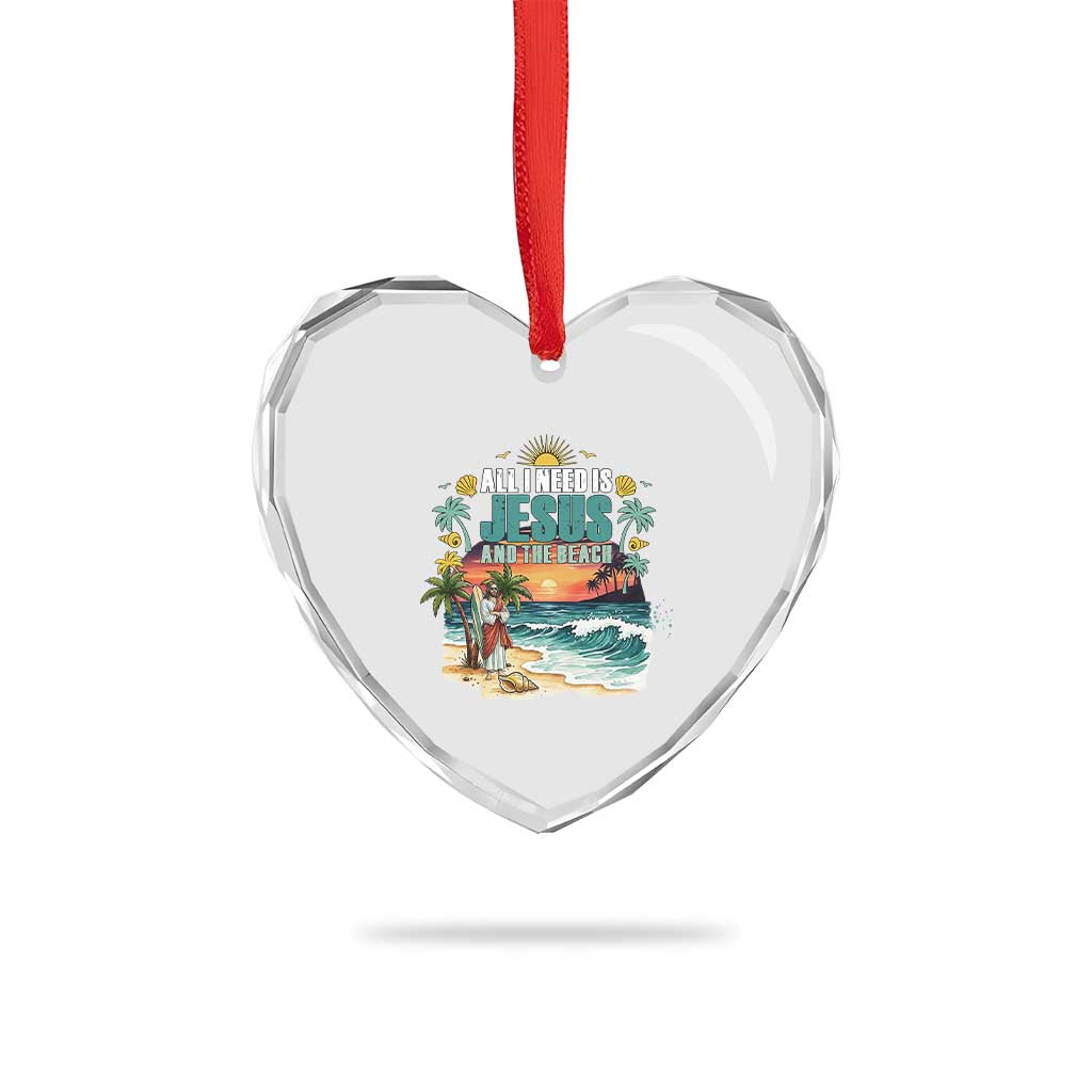 All I Need Is Jesus And The Beach Heart Crystal Glass Ornament Christian Summer Faith Graphic