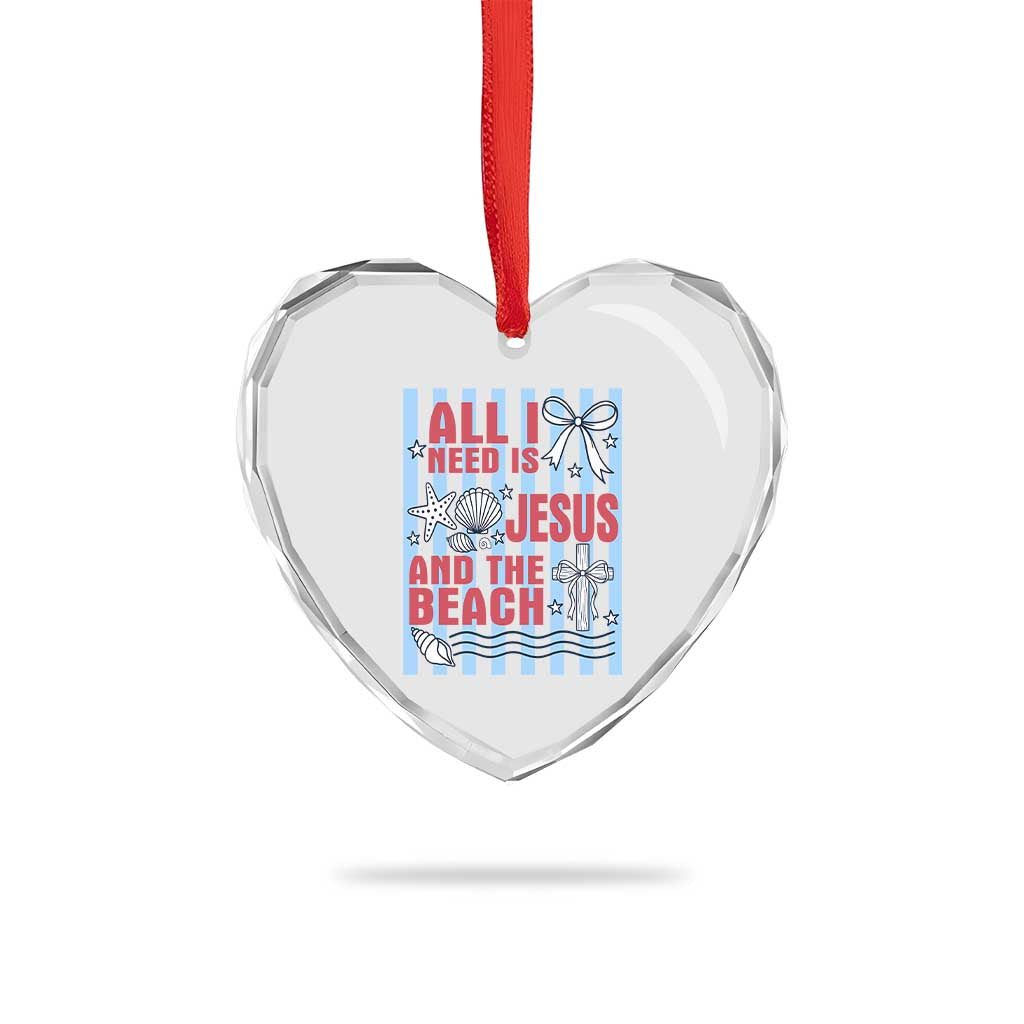 All I Need Is Jesus And The Beach Heart Crystal Glass Ornament Striped Christian Summer Graphic