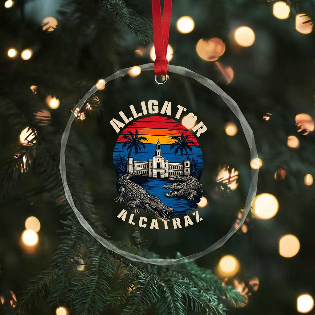 Alligator Alcatraz Political Crystal Glass Ornament Florida Prison State Retro Sunset TS02