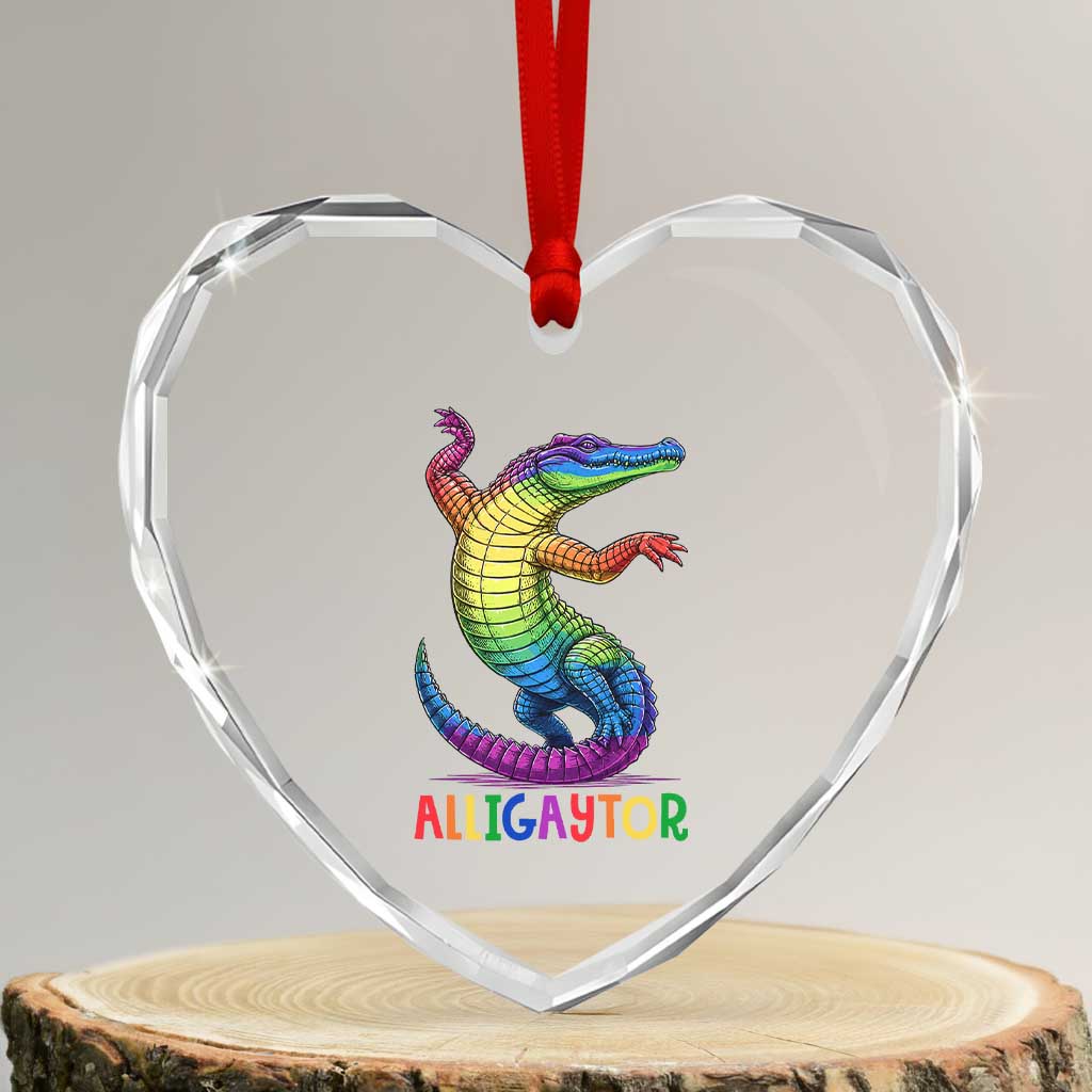 Alligaytor LGBTQ Pride Graphic Heart Crystal Glass Ornament Queer Reptile Lovers