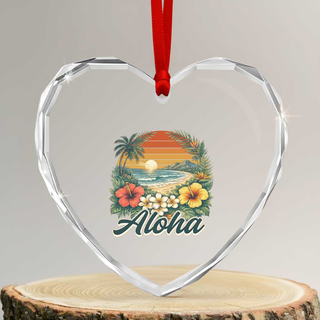 Aloha Hawaii Summer Heart Crystal Glass Ornament Vintage Tropical Beach Graphic