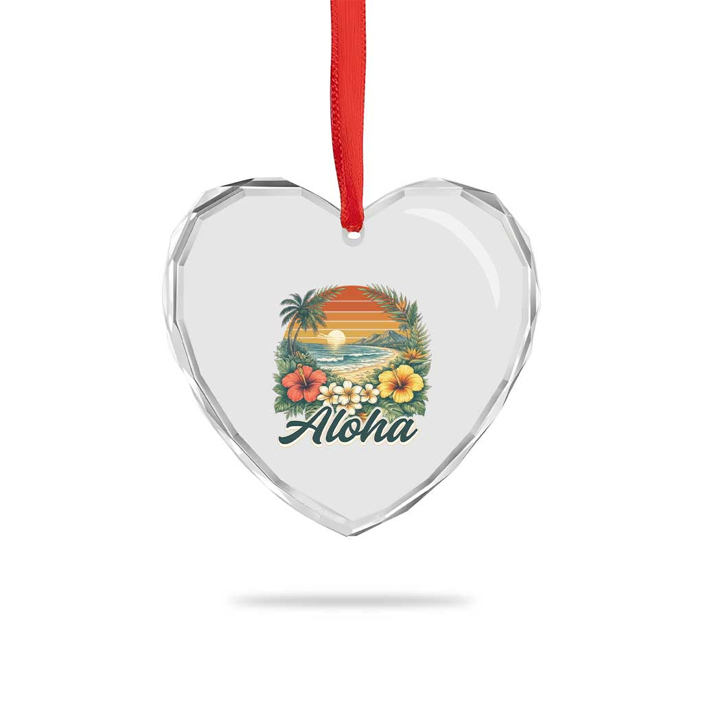 Aloha Hawaii Summer Heart Crystal Glass Ornament Vintage Tropical Beach Graphic