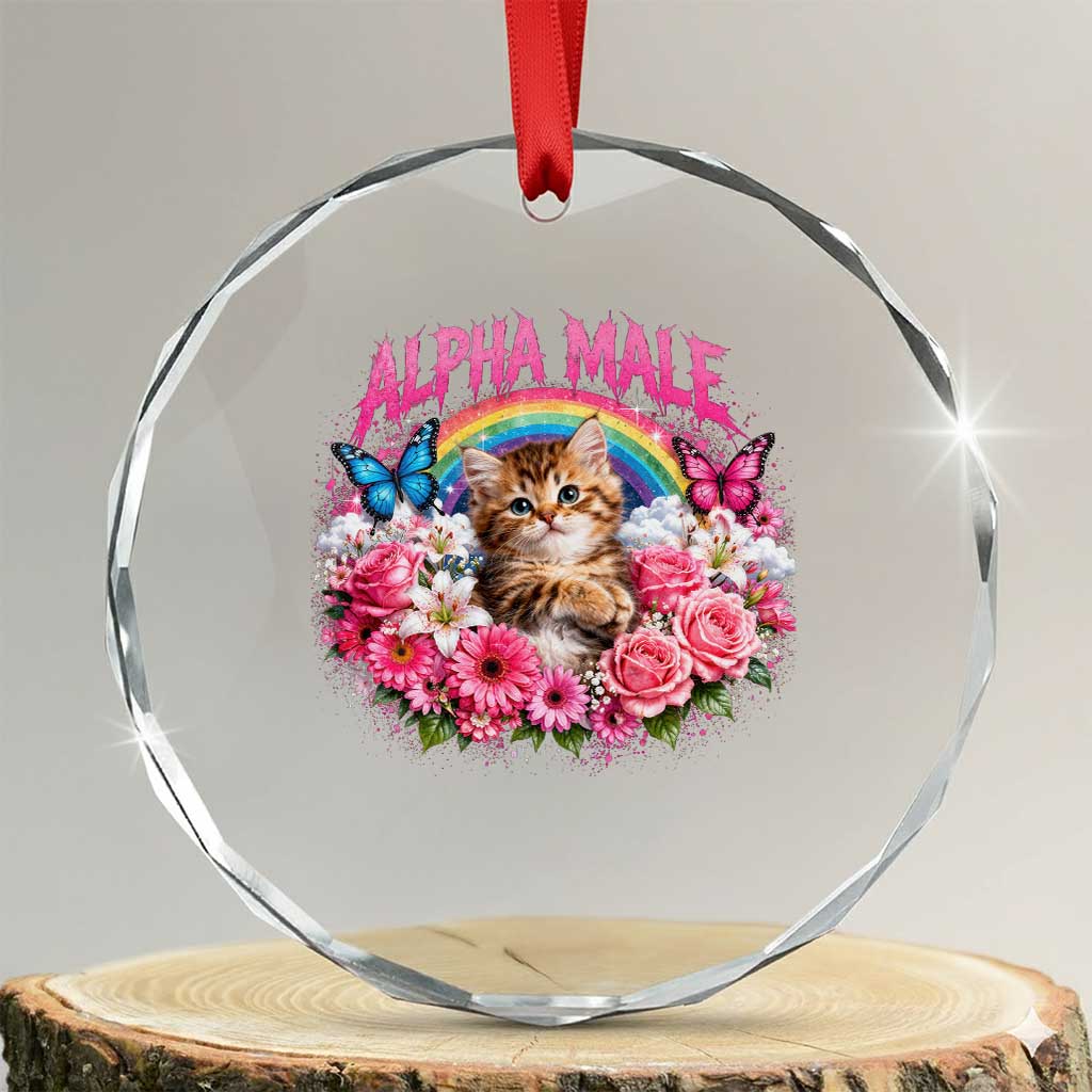 Alpha Male Crystal Glass Ornament Funny Cat Kitten Meme Rainbow Floral