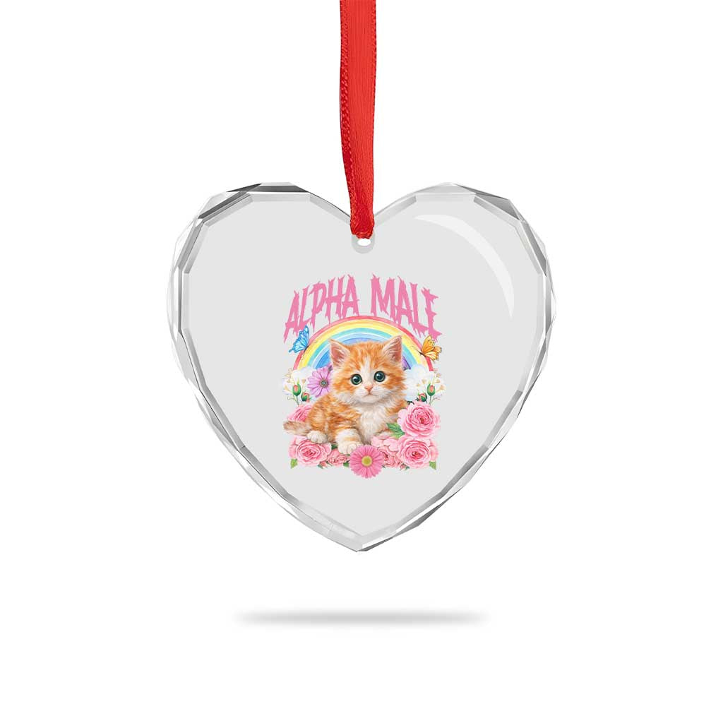 Alpha Male Funny Cat Heart Crystal Glass Ornament Vintage 90s Kitten Rainbow Floral Butterflies