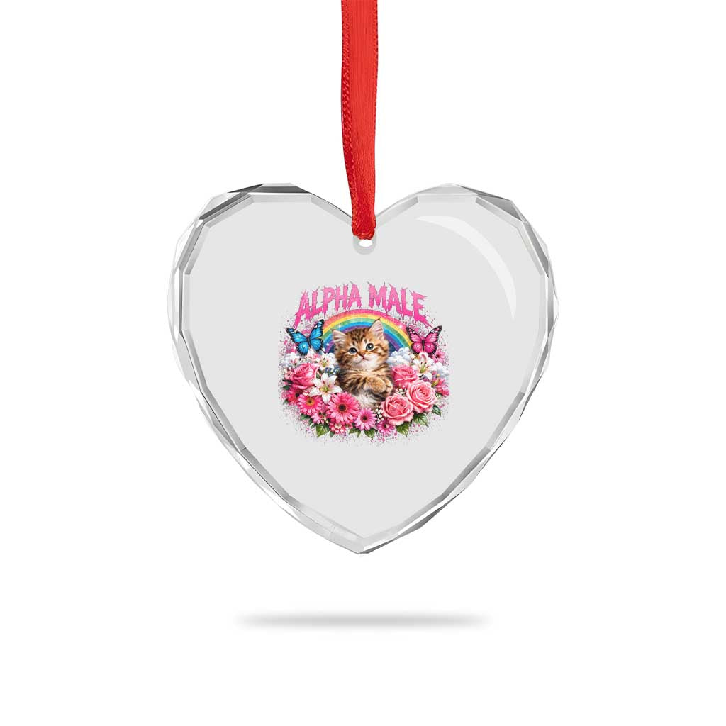 Alpha Male Heart Crystal Glass Ornament Funny Cat Kitten Meme Rainbow Floral