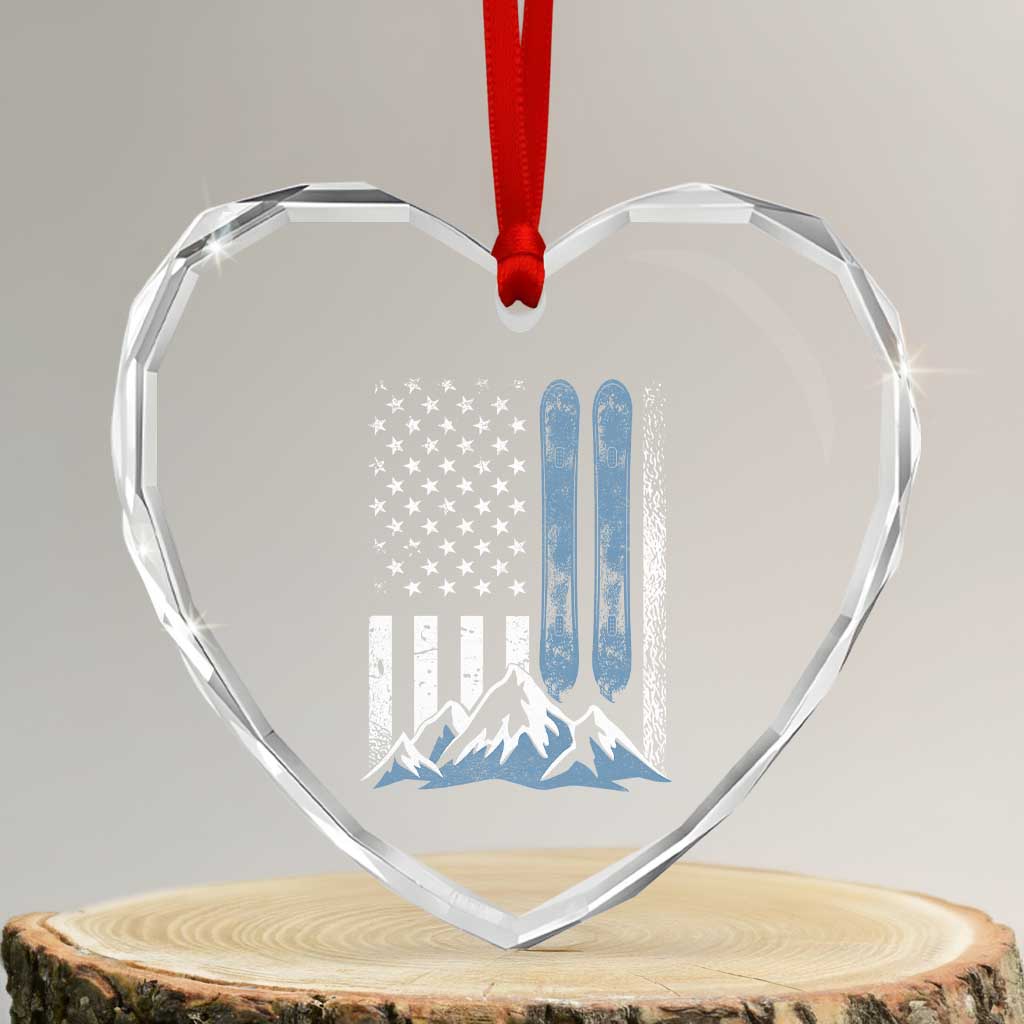 Alpine Skiing Skier Heart Crystal Glass Ornament Vintage American Flag Winter Sport - Wonder Print Shop