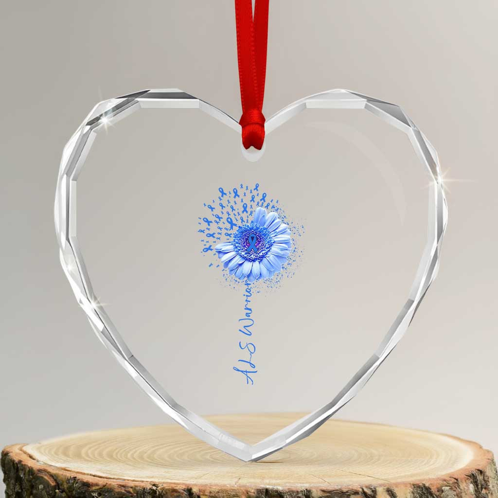 ALS Awareness Heart Crystal Glass Ornament Blue Ribbon Sunflower ALS Warrior
