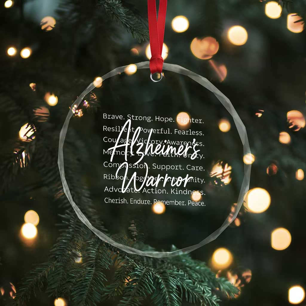 Alzheimers Warrior Purple Ribbon Support Word Cloud Typography Crystal Glass Ornament