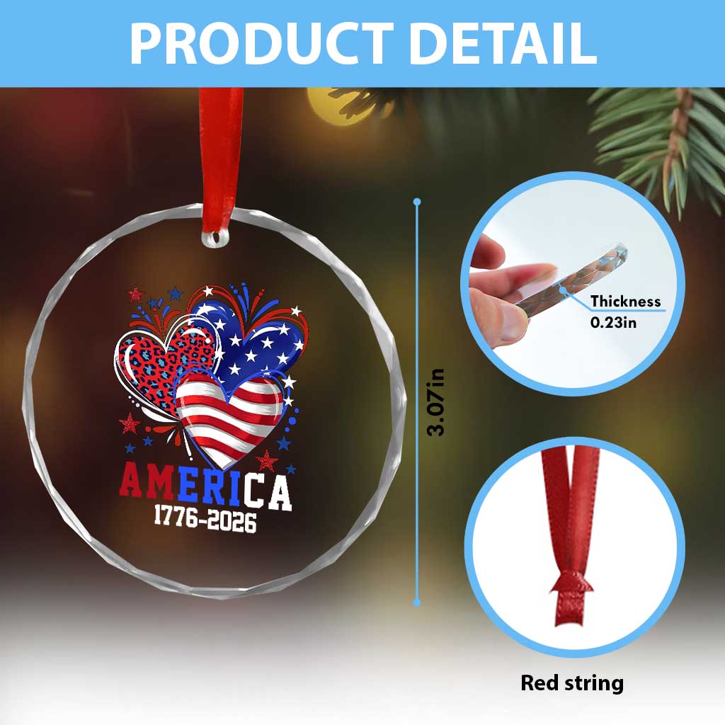 America 1776-2026 Patriotic Hearts Crystal Glass Ornament Semiquincentennial 250th Anniversary Red White Blue Stars and Stripes