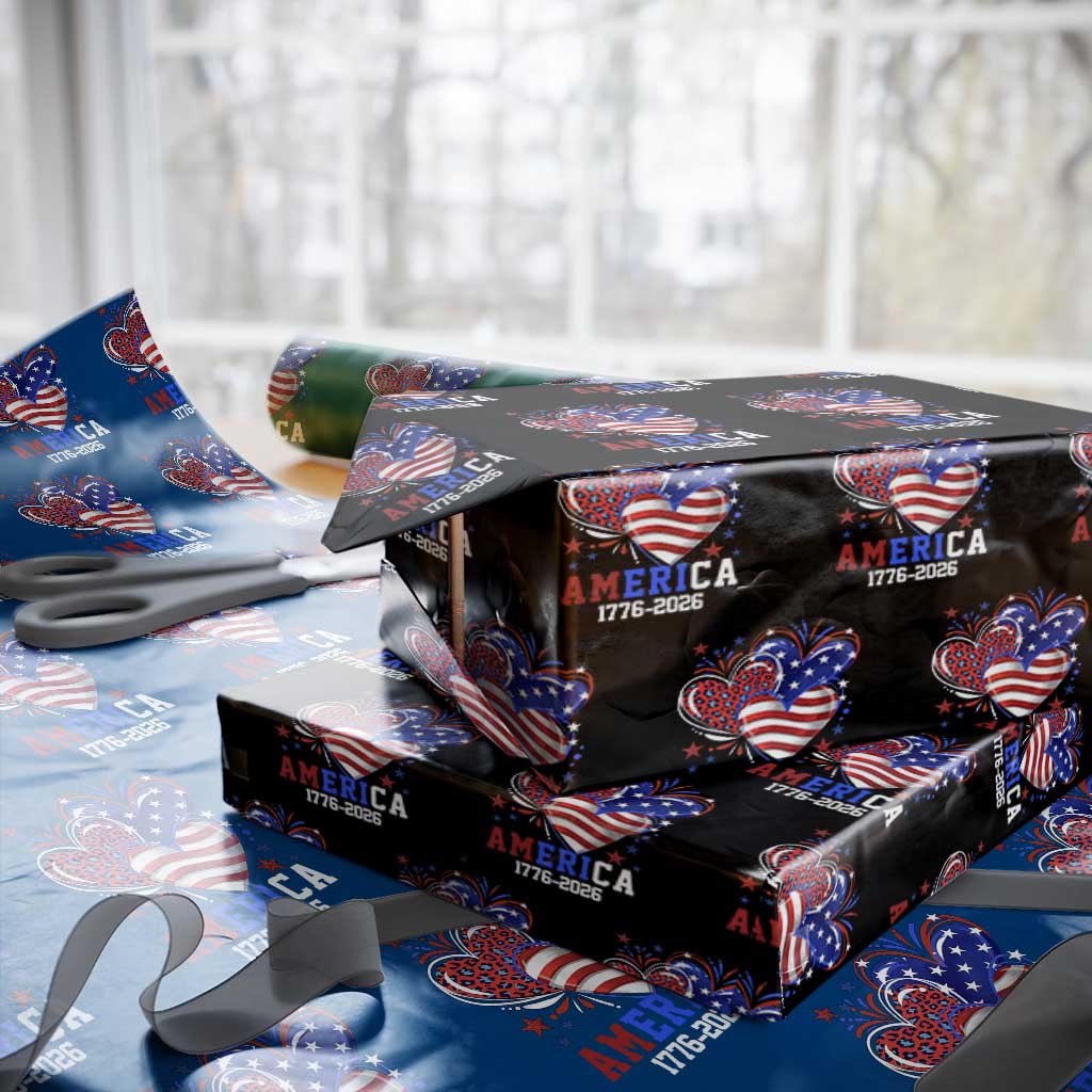 America 1776-2026 Patriotic Hearts Wrapping Paper Roll Semiquincentennial 250th Anniversary Red White Blue Stars and Stripes
