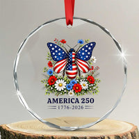 America 250 Patriotic Butterfly Floral Graphic Crystal Glass Ornament American Flag Wings Watercolor Wildflowers 1776 to 2026 Semiquincentennial