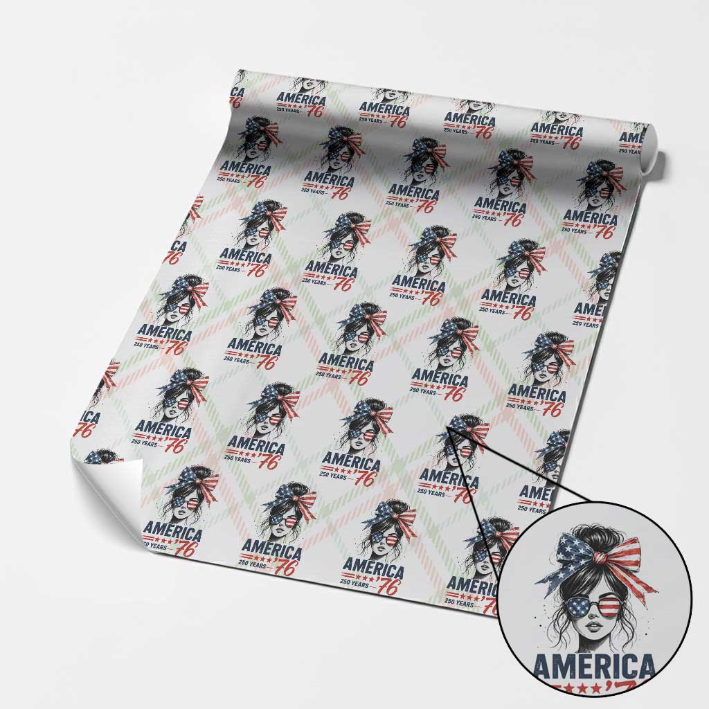 America 250 Years Wrapping Paper Roll 250th Anniversary USA Patriotic Girl Messy Bun 1776 2026
