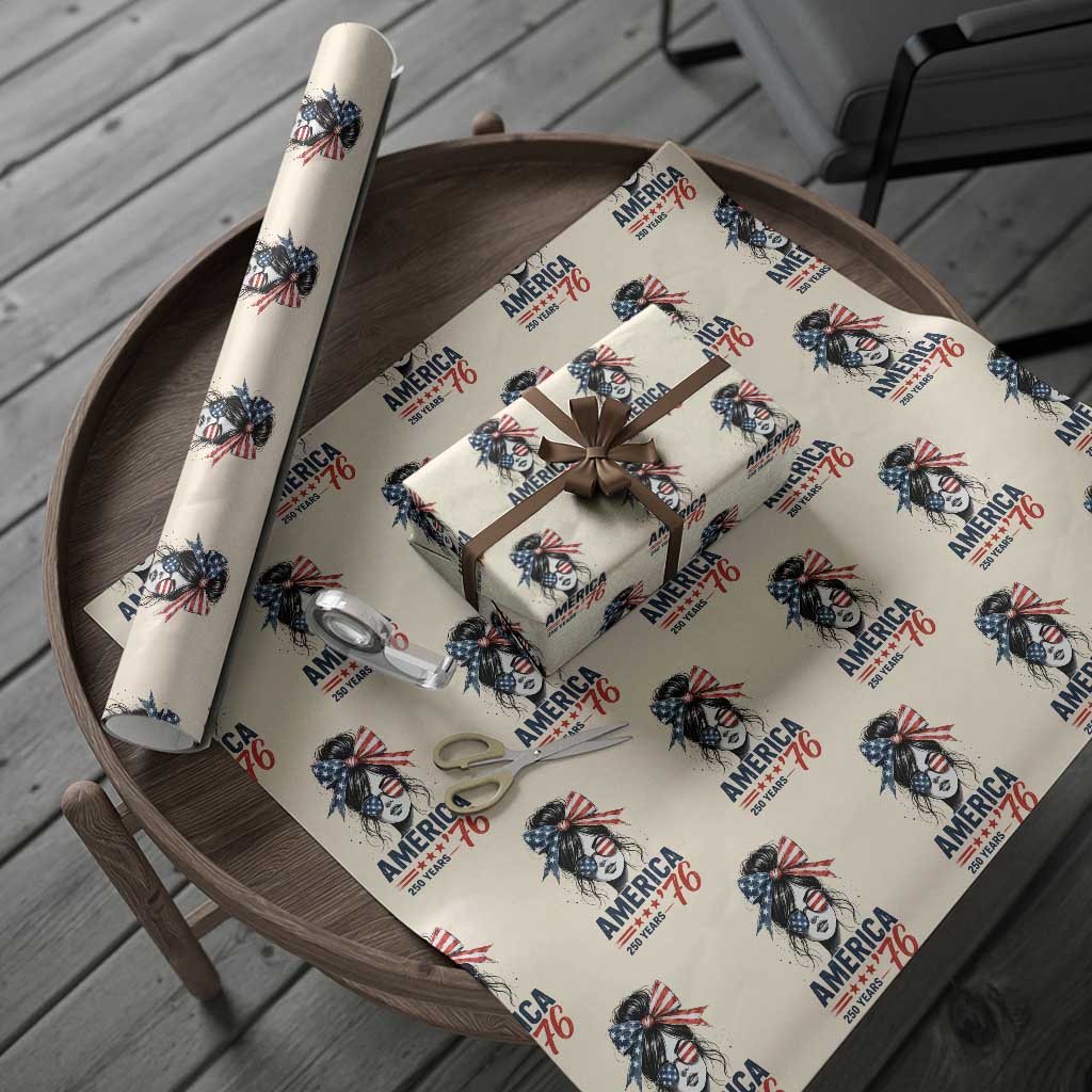 America 250 Years Wrapping Paper Roll 250th Anniversary USA Patriotic Girl Messy Bun 1776 2026
