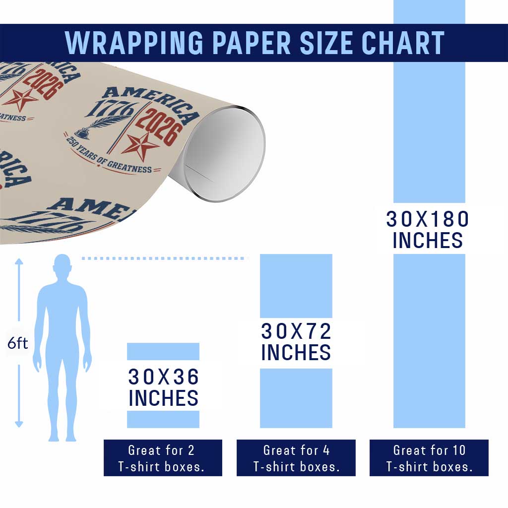America 250 Years of Greatness Patriotic Wrapping Paper Roll Vintage 1776 to 2026 Quill and Star Semiquincentennial